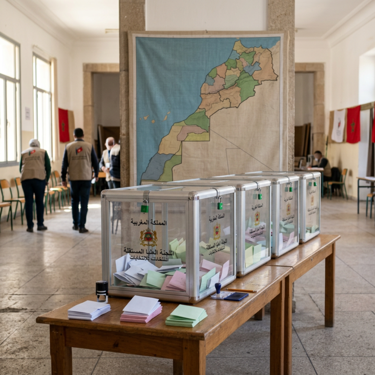 Moroccan polling station with transparent ballot boxes and map of Morocco