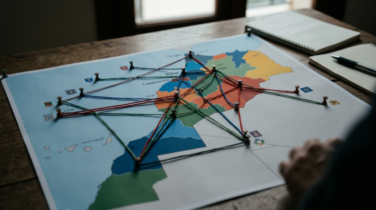 Map with pins and colored strings connecting cities across North Africa