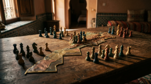 Chess pieces arranged around a map-shaped board on a wooden table